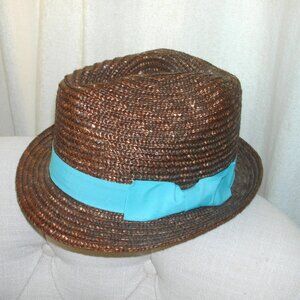 San Diego Hat Co. Brown Woven Straw Fedora Hat with Blue Band size 8-12 years